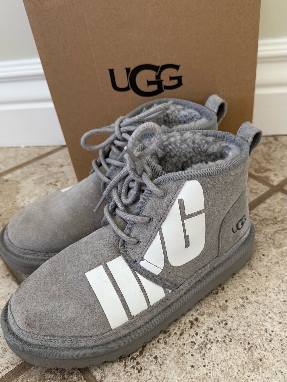 UGG Neumel Chopp Girls Size 4 Gray Suede Logo Boots